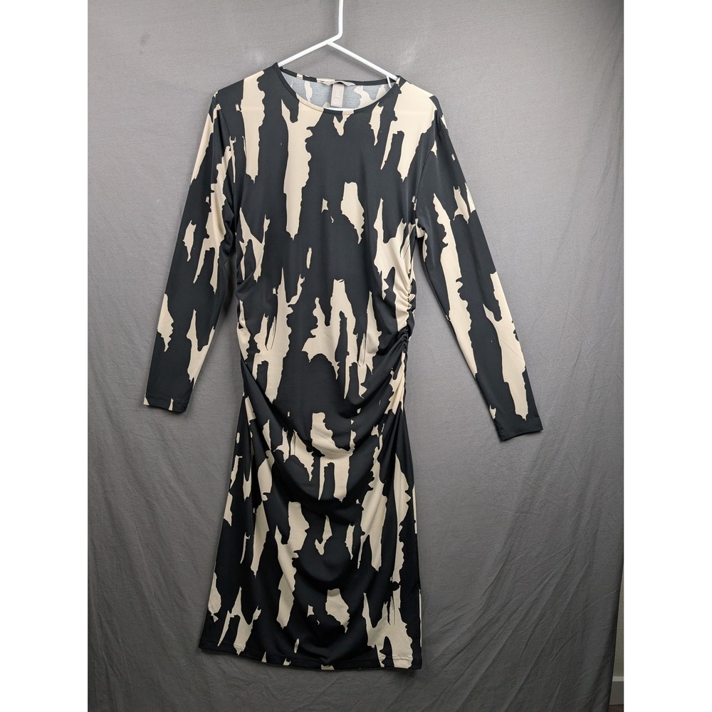 HM Womens Black Cream Abstract Print Ruched Long Sleeve‎ Midi Bodycon Dress L